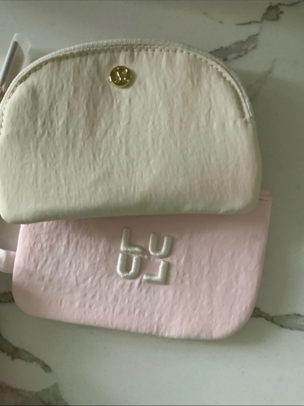 lululemon athletica Dual Pouch Wristlet Stack — Cream with Pink Strap